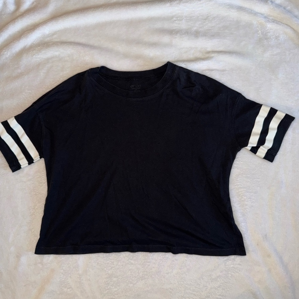 Black T-Shirt with White Striped Sleeves